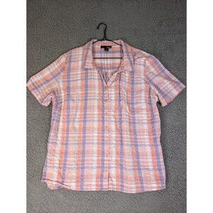 Erika Shirt Women 2X Pink Plaid Seersucker Puckered Button Front Short Sleeve